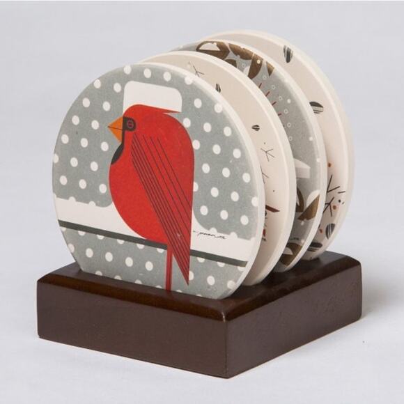 Charley Harper Cardinal Stone Coasters set of 4 with wood stand NEW - Picture 10 of 13